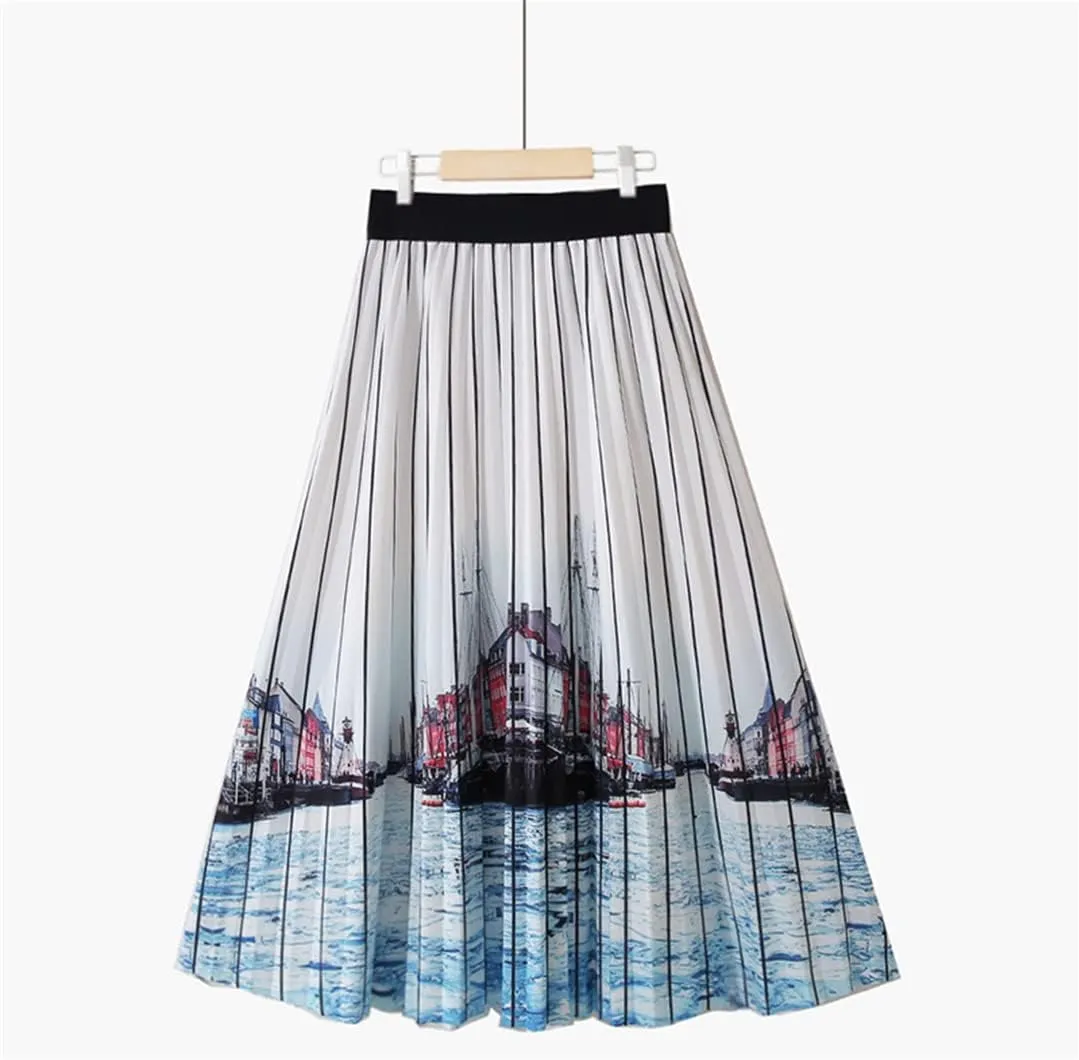 Spring Summer Fashion Midi Long Pleated Skirt Women Korean Style Mid-Length High Waist A Line Skirt Female