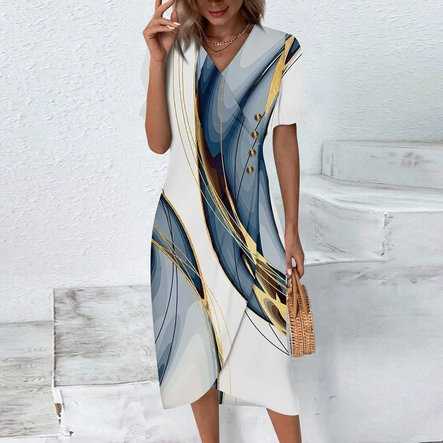 Summer Beach Dresses for Women 2024 Spring Elegant Wrap V Neck Floral Boho Dress Flowy Ruched Hawaiian Maxi Dress