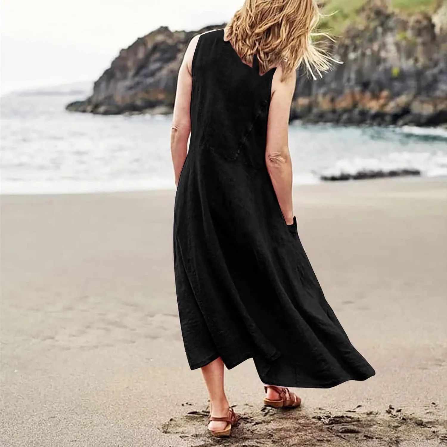 Summer Dress for Women 2025 Plus Size Sundress Floral Crewneck Sleeveless Dress Cotton Linen Beach Dress with Pockets