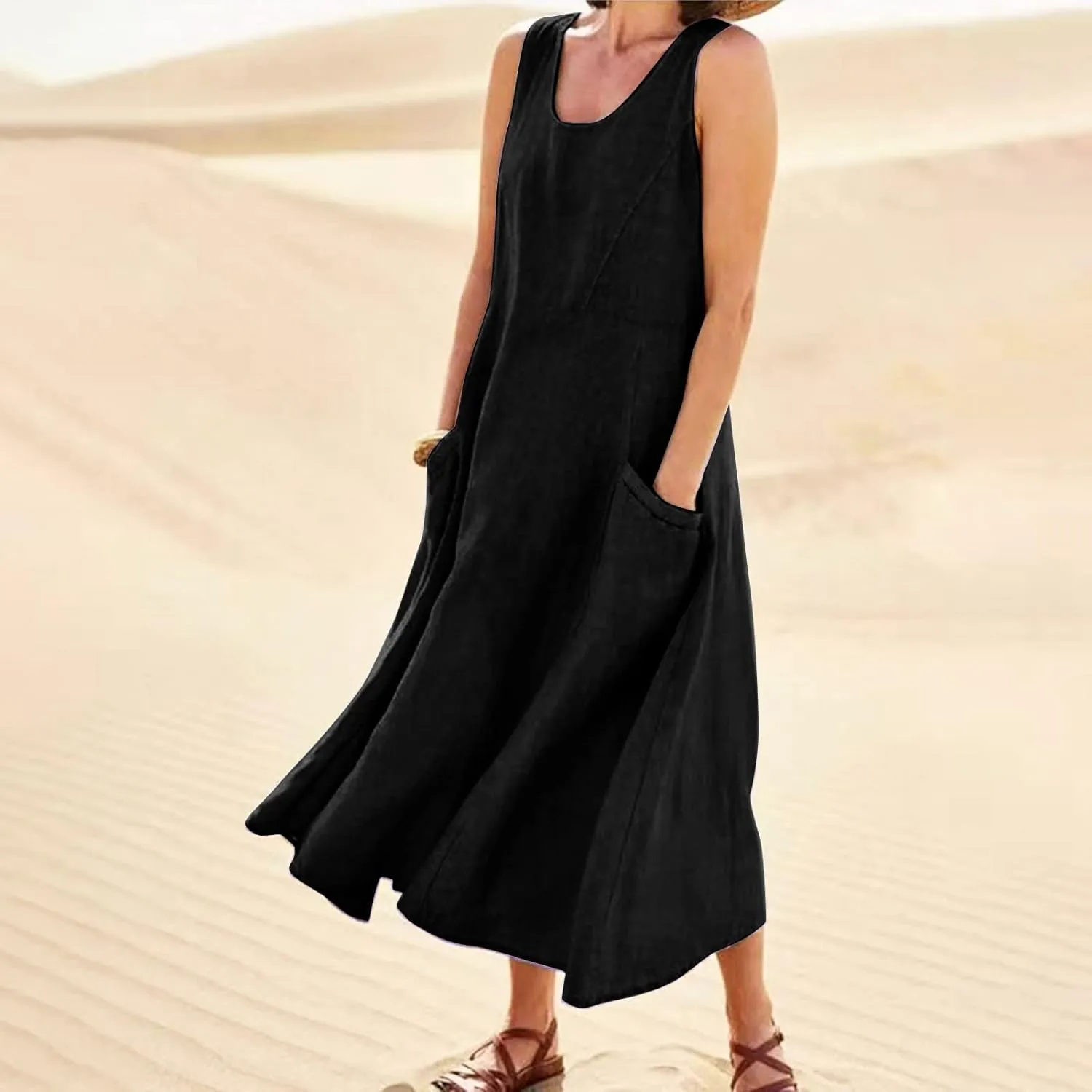 Summer Dress for Women 2025 Plus Size Sundress Floral Crewneck Sleeveless Dress Cotton Linen Beach Dress with Pockets