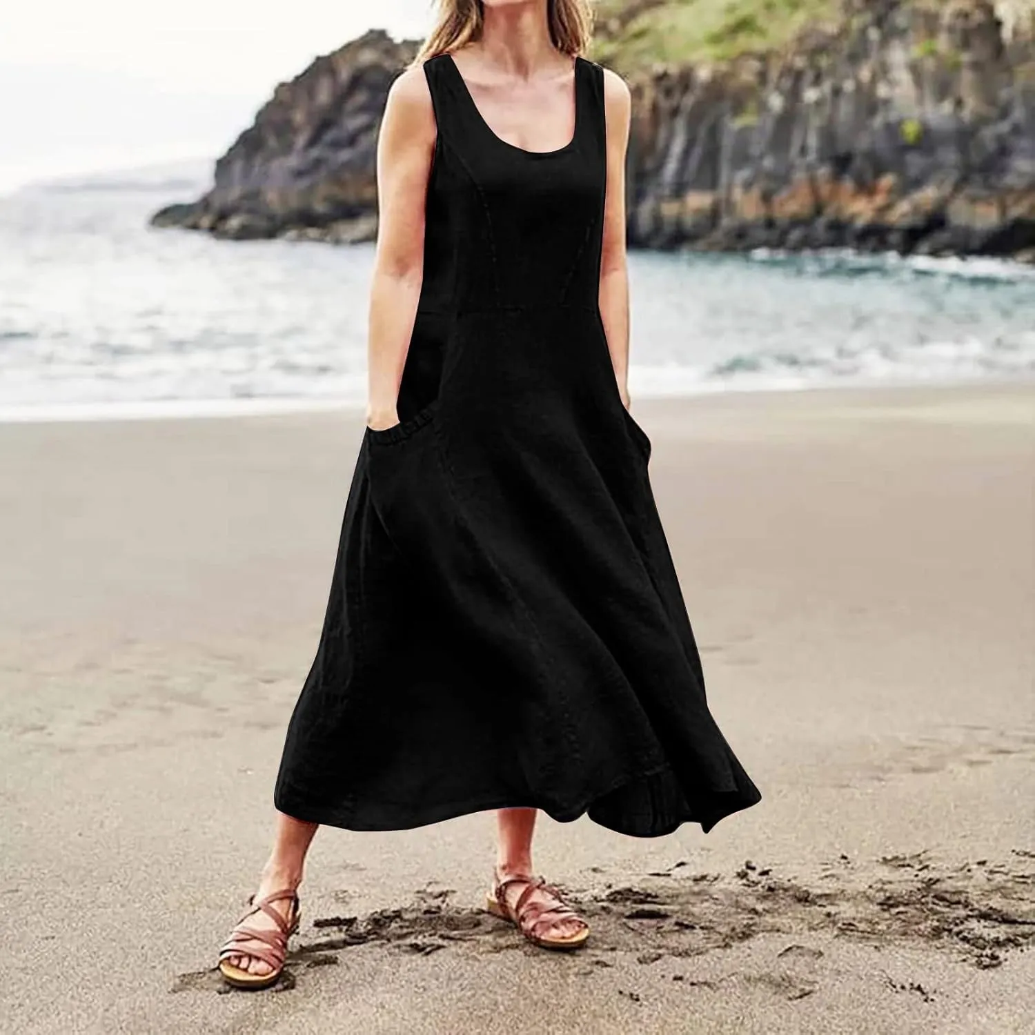 Summer Dress for Women 2025 Plus Size Sundress Floral Crewneck Sleeveless Dress Cotton Linen Beach Dress with Pockets