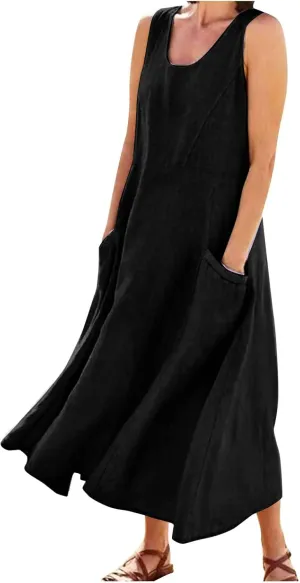 Summer Dress for Women 2025 Plus Size Sundress Floral Crewneck Sleeveless Dress Cotton Linen Beach Dress with Pockets