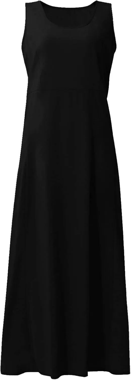 Summer Dress for Women 2025 Plus Size Sundress Floral Crewneck Sleeveless Dress Cotton Linen Beach Dress with Pockets