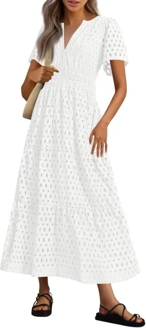 Summer Dresses for Women 2025 Short Sleeve Maxi Dress Casual V Neck Hollow Out Eyelet Ruffle Swing A Line Long Sundress