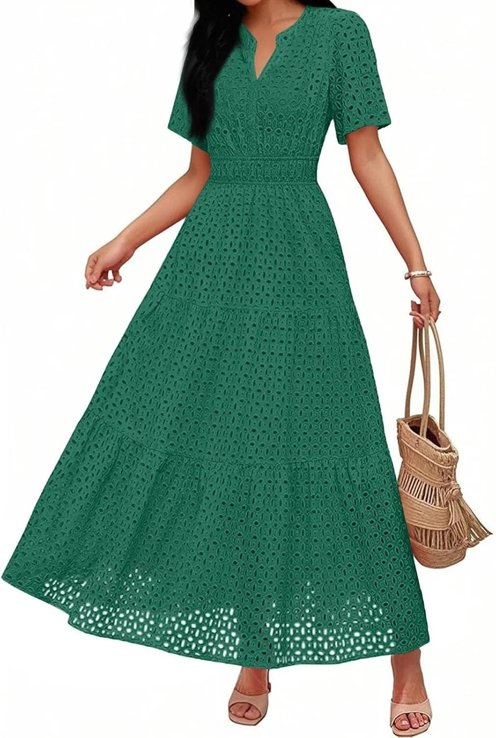 Summer Dresses for Women 2025 Short Sleeve Maxi Dress Casual V Neck Hollow Out Eyelet Ruffle Swing A Line Long Sundress