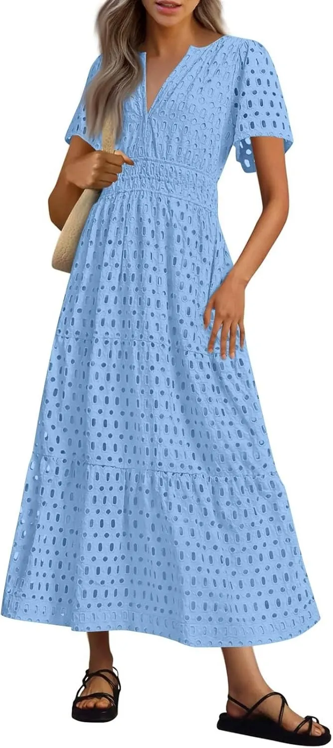 Summer Dresses for Women 2025 Short Sleeve Maxi Dress Casual V Neck Hollow Out Eyelet Ruffle Swing A Line Long Sundress