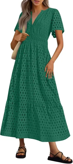 Summer Dresses for Women 2025 Short Sleeve Maxi Dress Casual V Neck Hollow Out Eyelet Ruffle Swing A Line Long Sundress