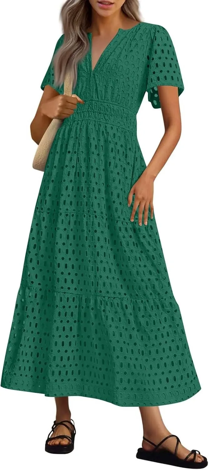 Summer Dresses for Women 2025 Short Sleeve Maxi Dress Casual V Neck Hollow Out Eyelet Ruffle Swing A Line Long Sundress