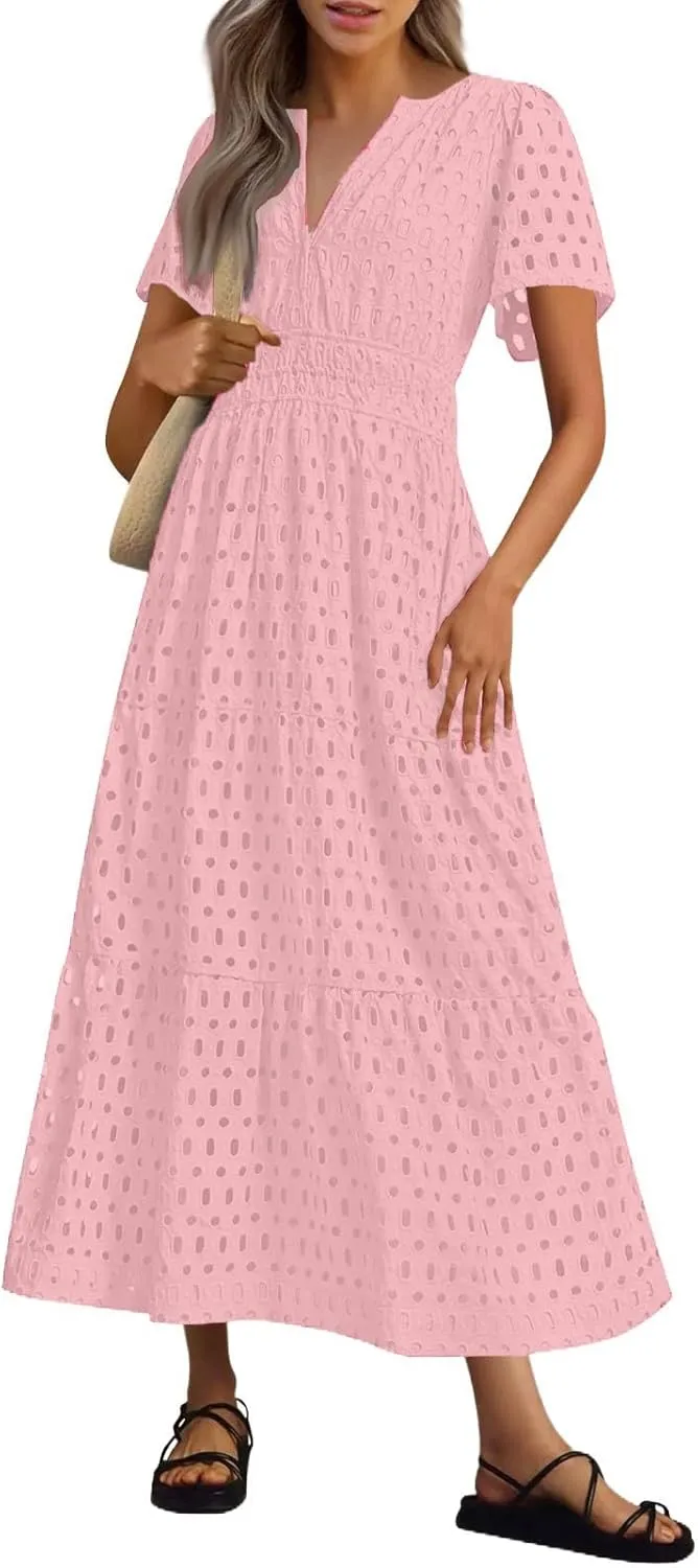 Summer Dresses for Women 2025 Short Sleeve Maxi Dress Casual V Neck Hollow Out Eyelet Ruffle Swing A Line Long Sundress