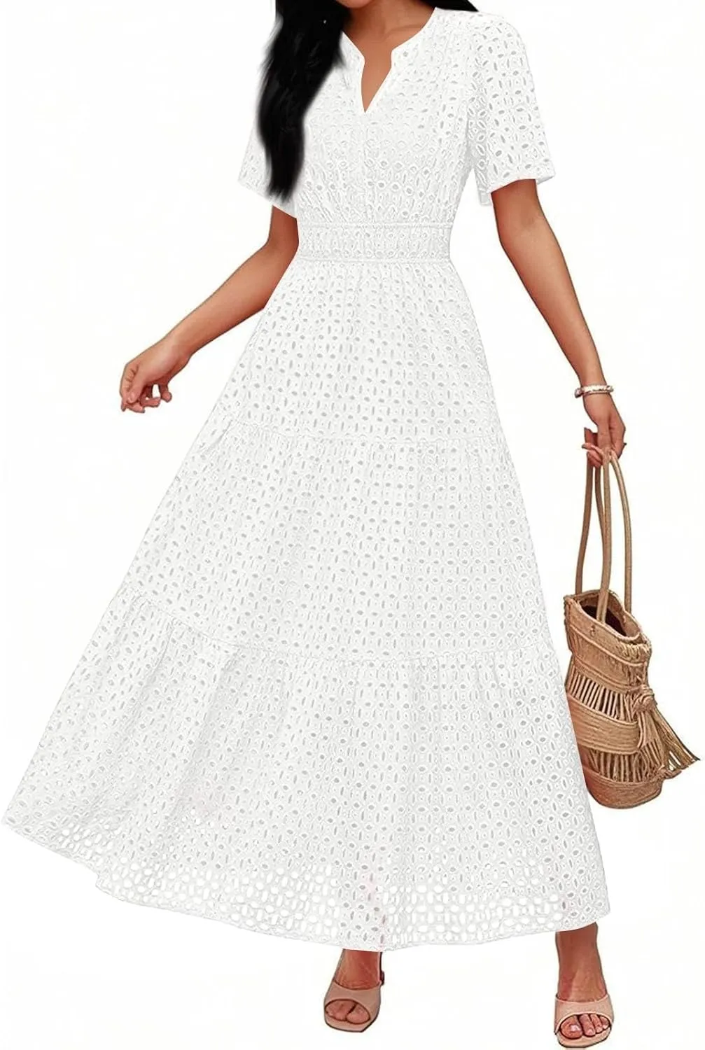 Summer Dresses for Women 2025 Short Sleeve Maxi Dress Casual V Neck Hollow Out Eyelet Ruffle Swing A Line Long Sundress