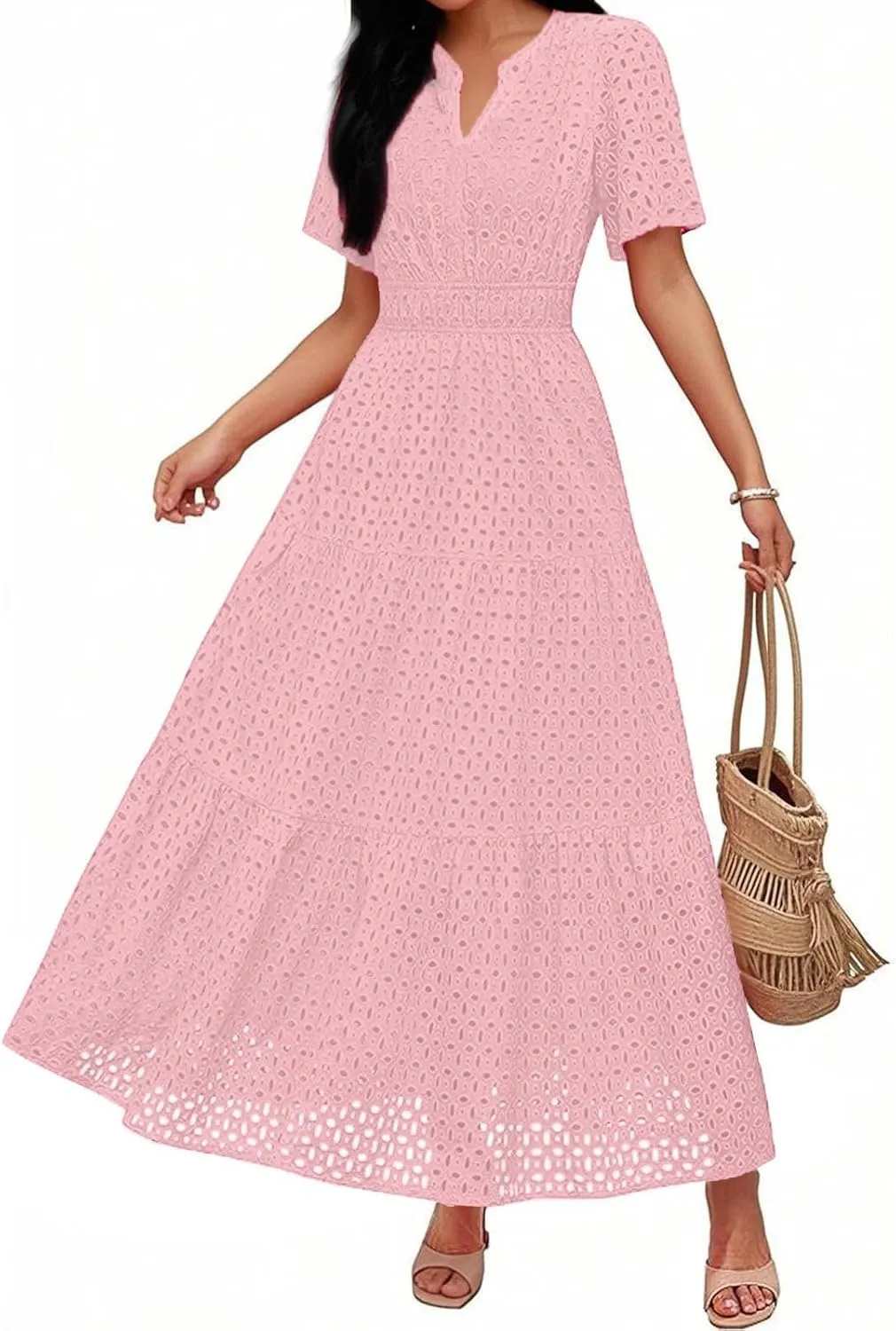 Summer Dresses for Women 2025 Short Sleeve Maxi Dress Casual V Neck Hollow Out Eyelet Ruffle Swing A Line Long Sundress