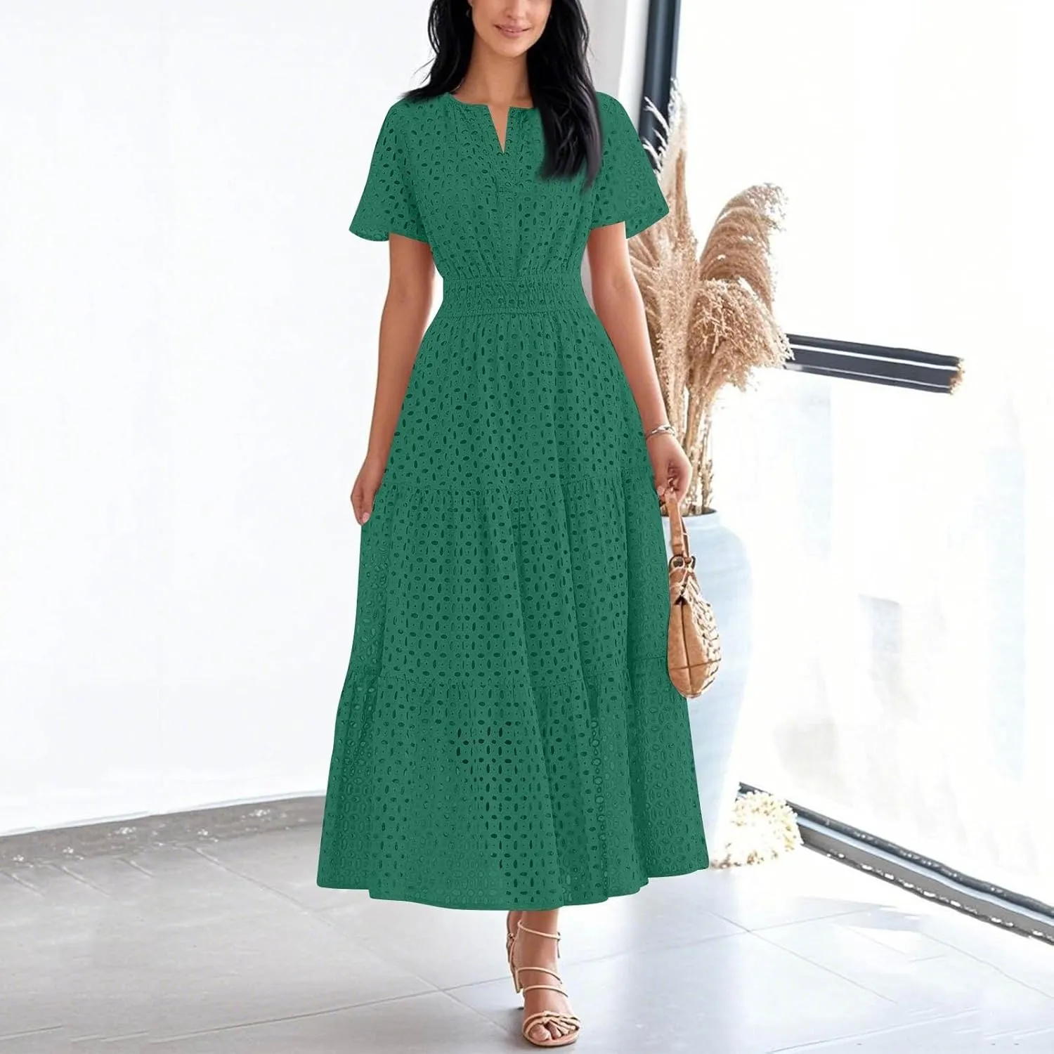 Summer Dresses for Women 2025 Short Sleeve Maxi Dress Casual V Neck Hollow Out Eyelet Ruffle Swing A Line Long Sundress