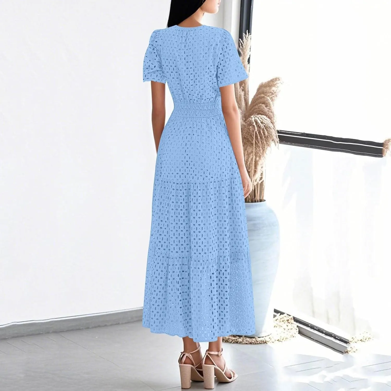 Summer Dresses for Women 2025 Short Sleeve Maxi Dress Casual V Neck Hollow Out Eyelet Ruffle Swing A Line Long Sundress