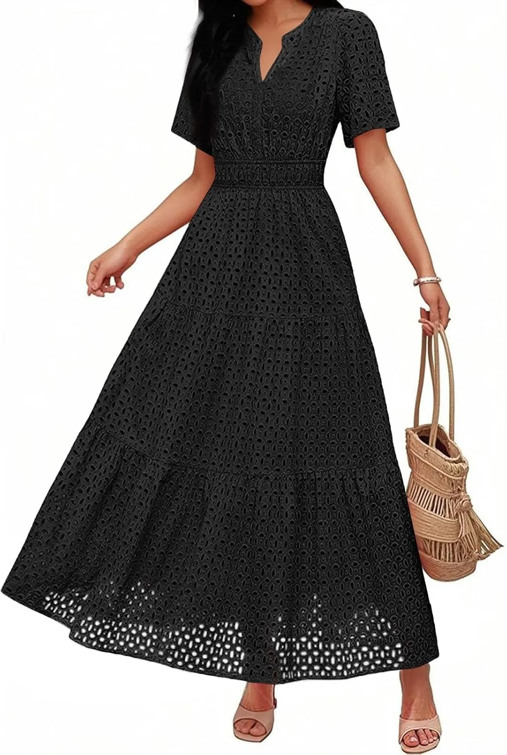 Summer Dresses for Women 2025 Short Sleeve Maxi Dress Casual V Neck Hollow Out Eyelet Ruffle Swing A Line Long Sundress
