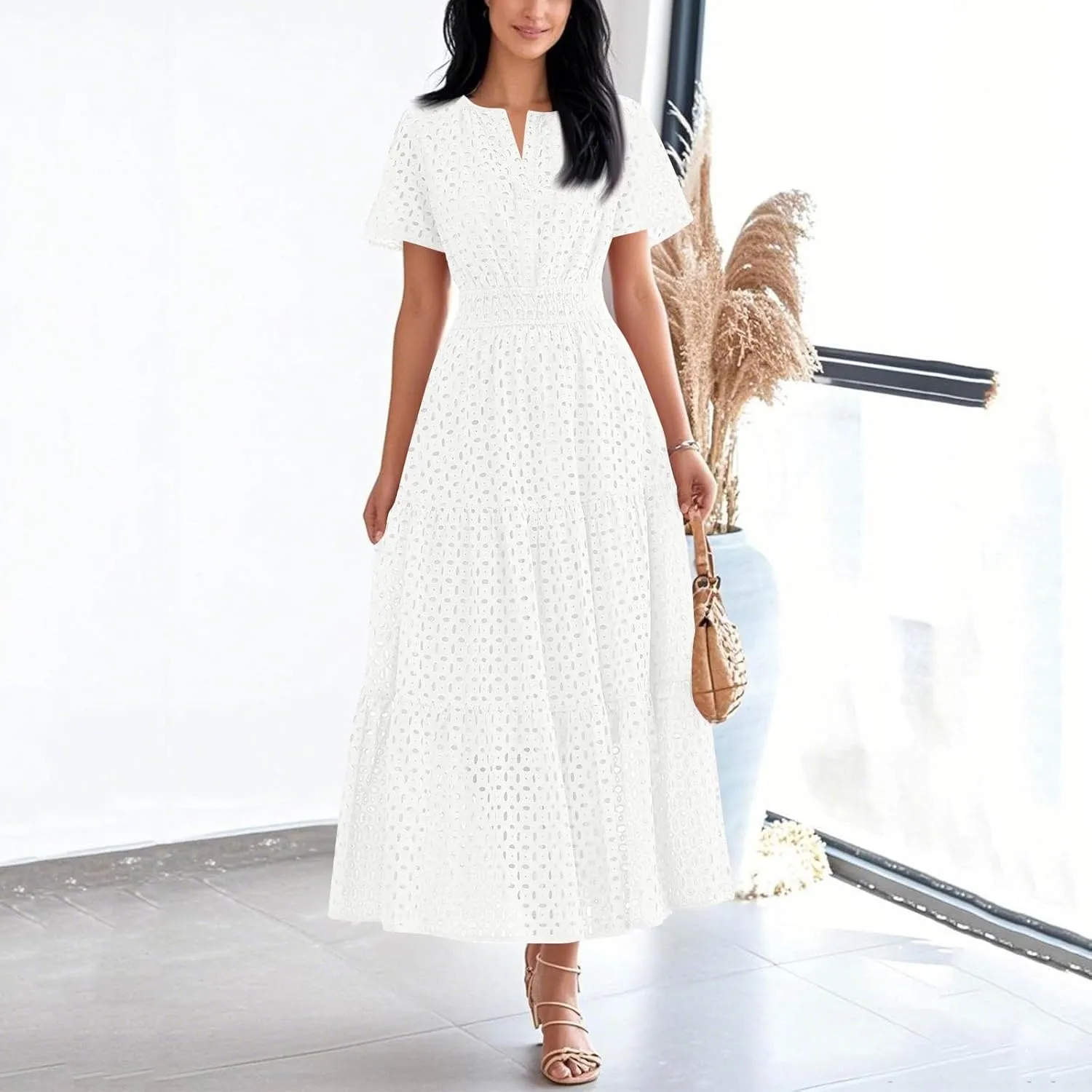 Summer Dresses for Women 2025 Short Sleeve Maxi Dress Casual V Neck Hollow Out Eyelet Ruffle Swing A Line Long Sundress