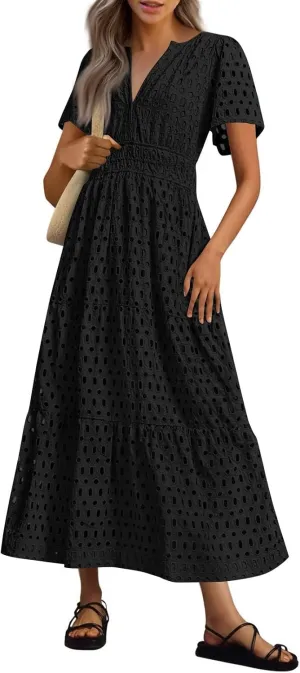 Summer Dresses for Women 2025 Short Sleeve Maxi Dress Casual V Neck Hollow Out Eyelet Ruffle Swing A Line Long Sundress