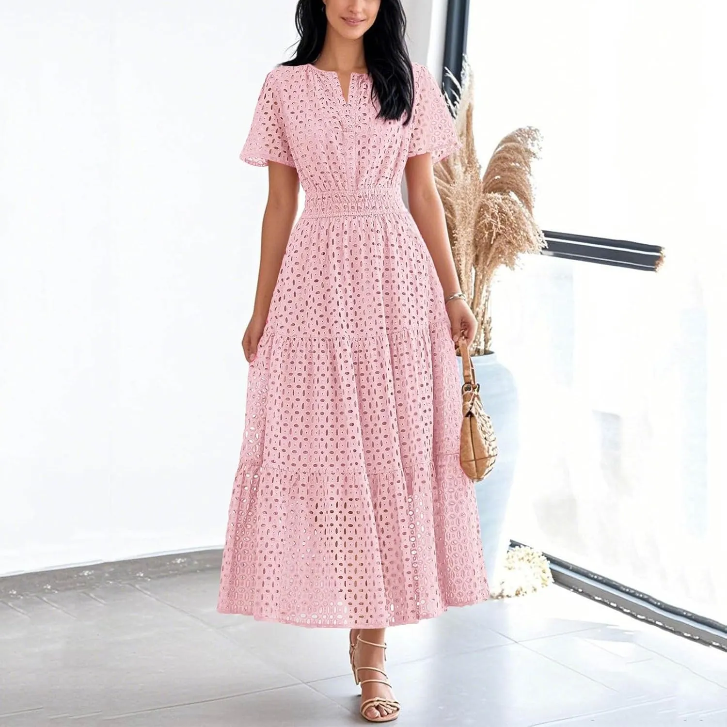 Summer Dresses for Women 2025 Short Sleeve Maxi Dress Casual V Neck Hollow Out Eyelet Ruffle Swing A Line Long Sundress