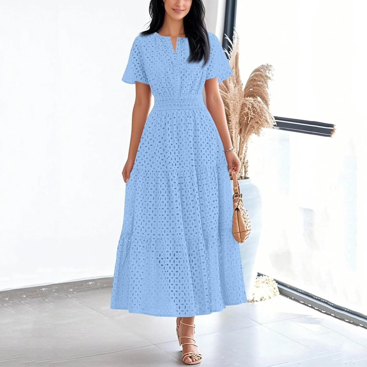 Summer Dresses for Women 2025 Short Sleeve Maxi Dress Casual V Neck Hollow Out Eyelet Ruffle Swing A Line Long Sundress