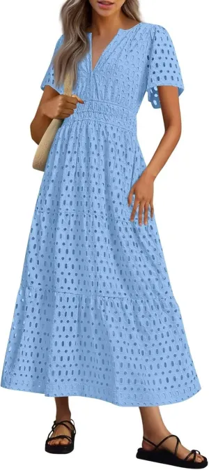 Summer Dresses for Women 2025 Short Sleeve Maxi Dress Casual V Neck Hollow Out Eyelet Ruffle Swing A Line Long Sundress