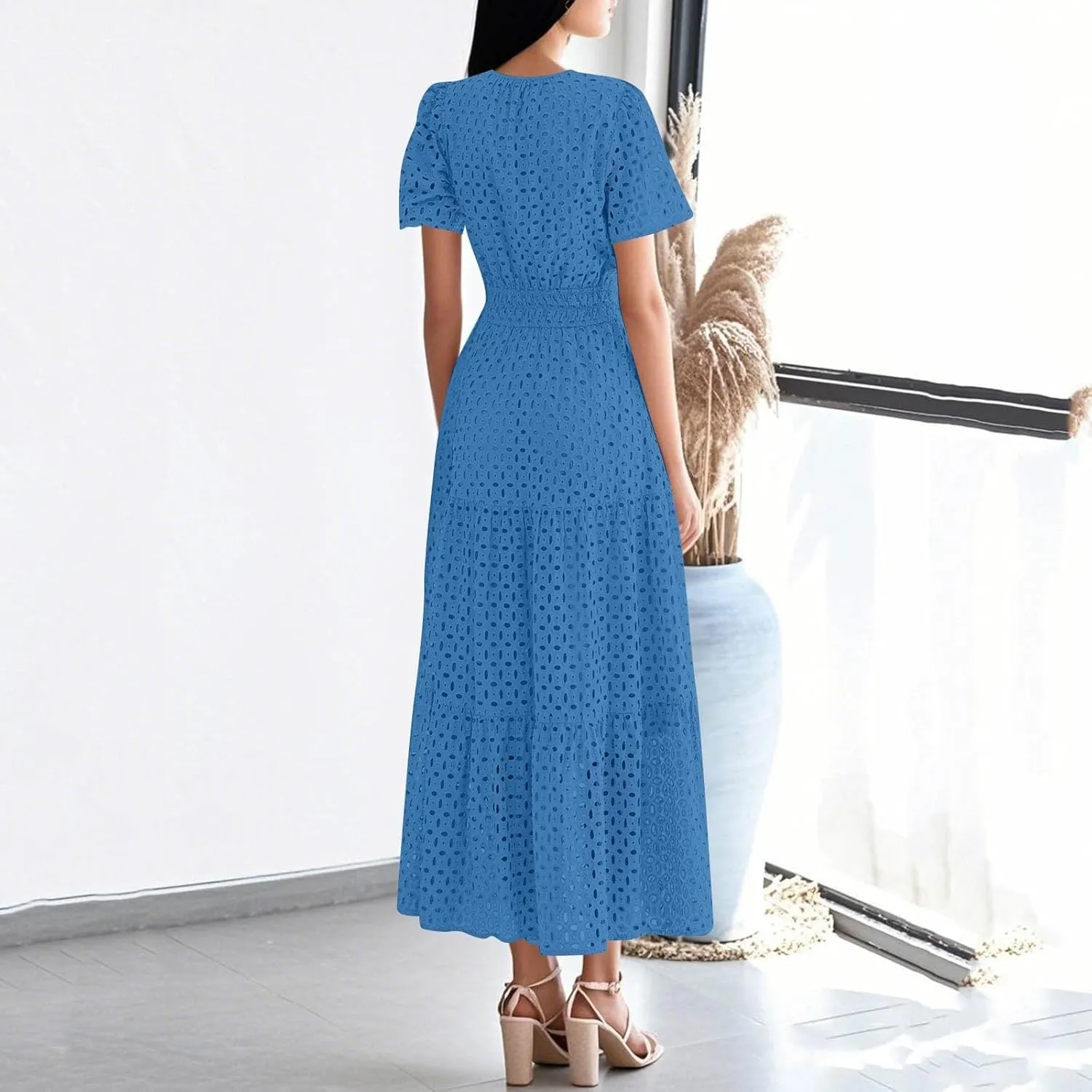 Summer Dresses for Women 2025 Short Sleeve Maxi Dress Casual V Neck Hollow Out Eyelet Ruffle Swing A Line Long Sundress