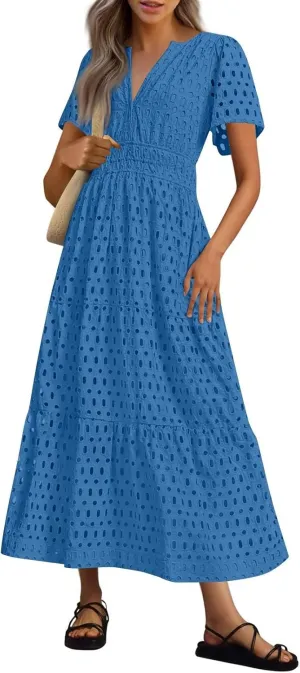 Summer Dresses for Women 2025 Short Sleeve Maxi Dress Casual V Neck Hollow Out Eyelet Ruffle Swing A Line Long Sundress