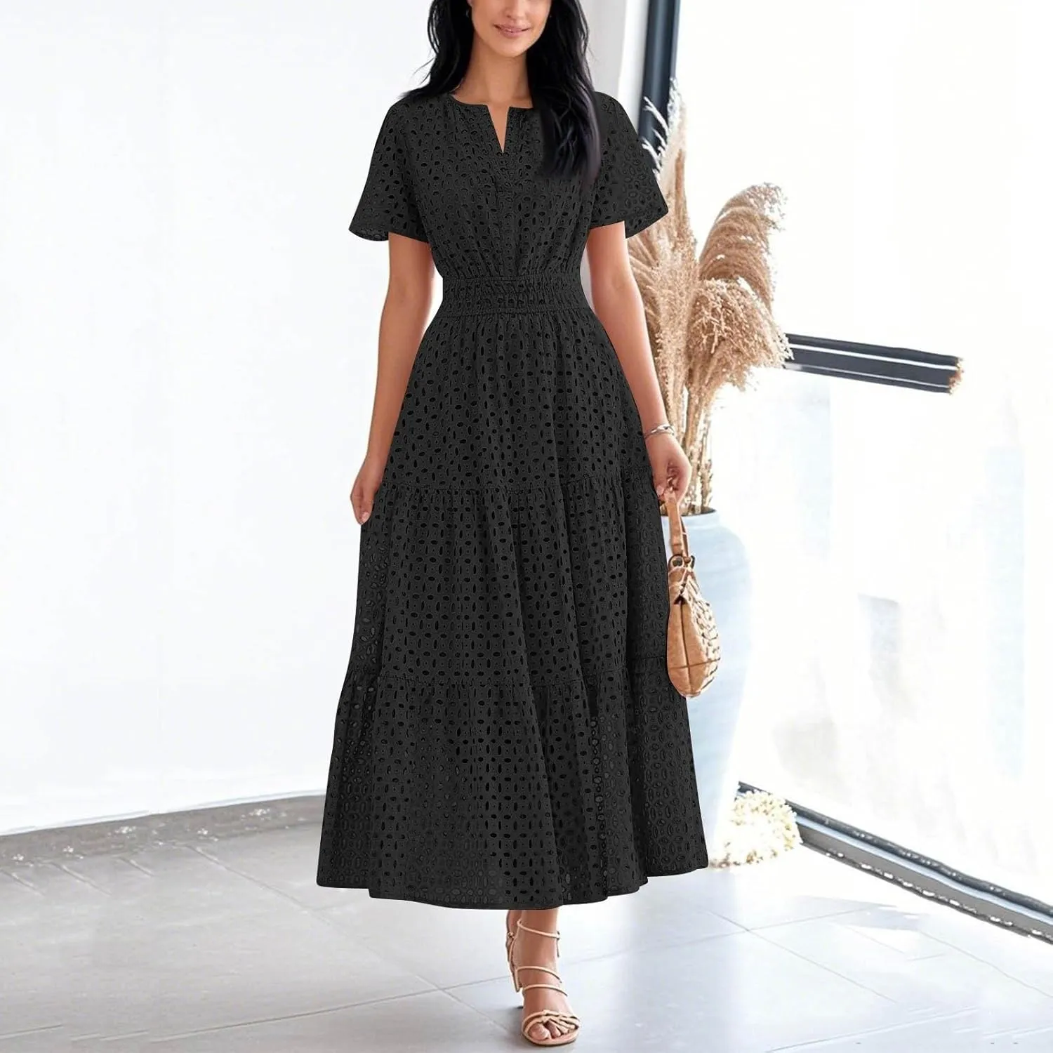 Summer Dresses for Women 2025 Short Sleeve Maxi Dress Casual V Neck Hollow Out Eyelet Ruffle Swing A Line Long Sundress