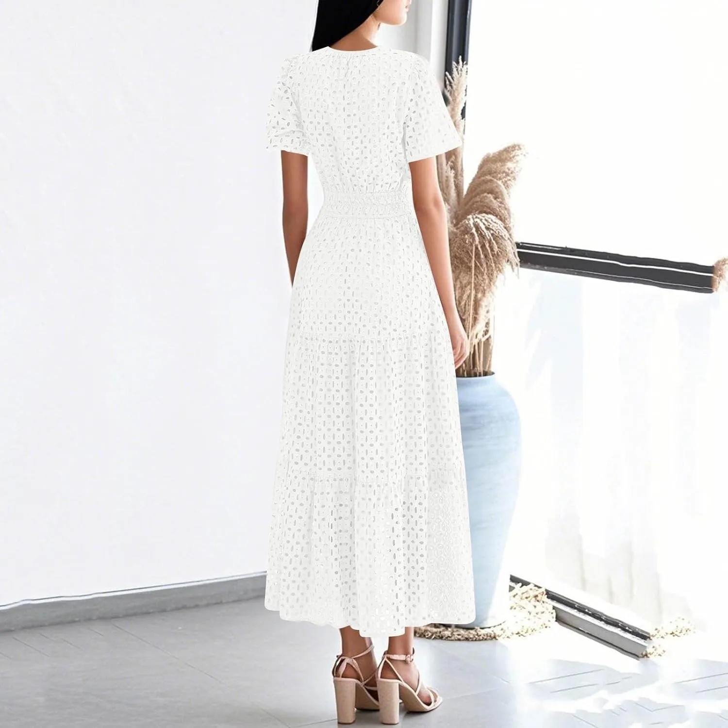 Summer Dresses for Women 2025 Short Sleeve Maxi Dress Casual V Neck Hollow Out Eyelet Ruffle Swing A Line Long Sundress