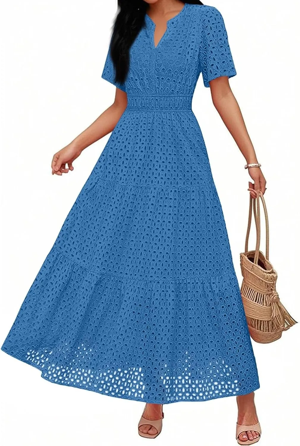 Summer Dresses for Women 2025 Short Sleeve Maxi Dress Casual V Neck Hollow Out Eyelet Ruffle Swing A Line Long Sundress