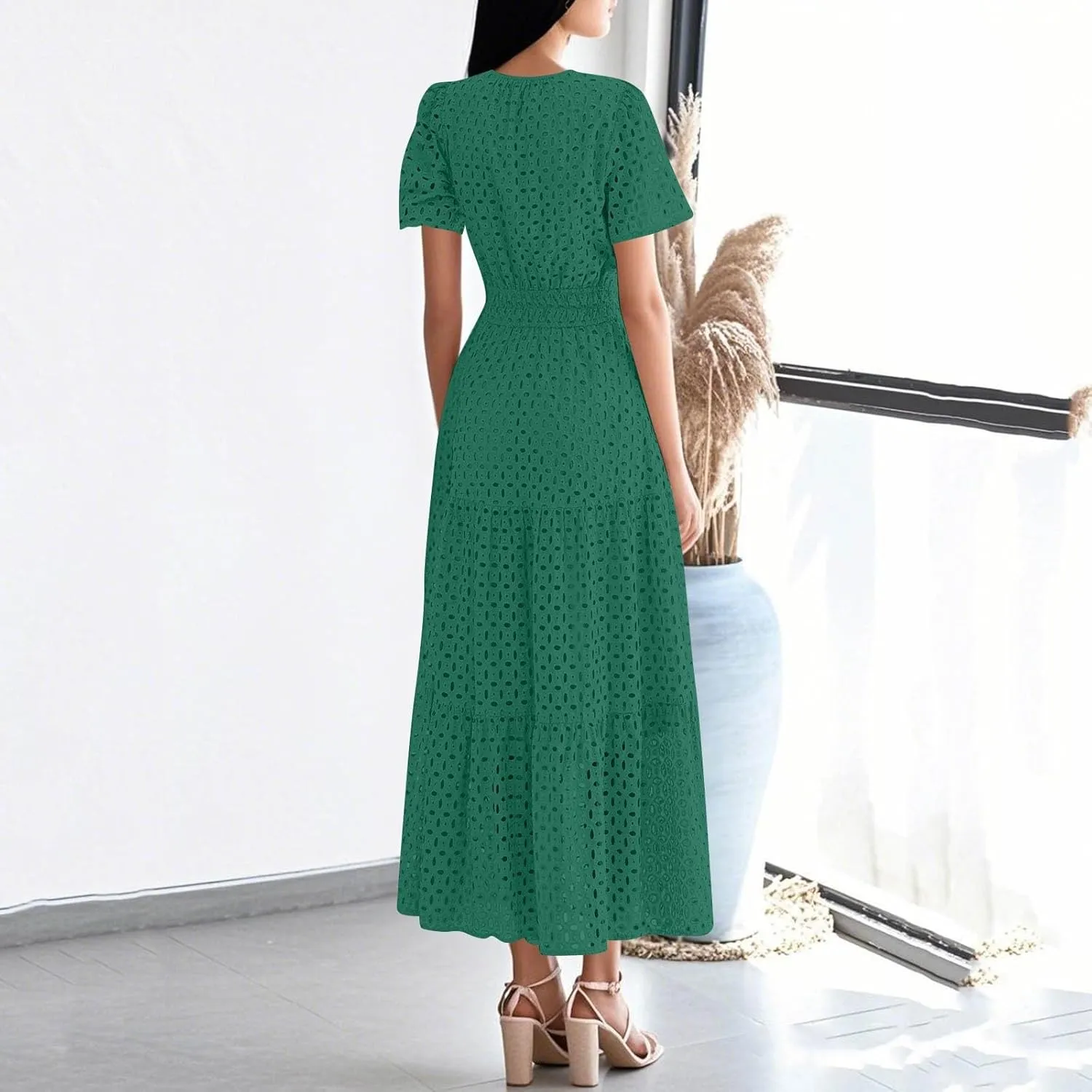 Summer Dresses for Women 2025 Short Sleeve Maxi Dress Casual V Neck Hollow Out Eyelet Ruffle Swing A Line Long Sundress