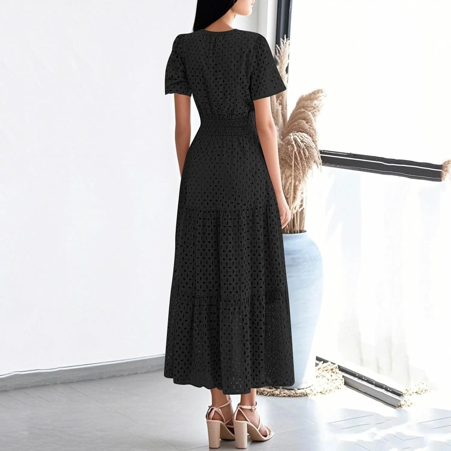 Summer Dresses for Women 2025 Short Sleeve Maxi Dress Casual V Neck Hollow Out Eyelet Ruffle Swing A Line Long Sundress