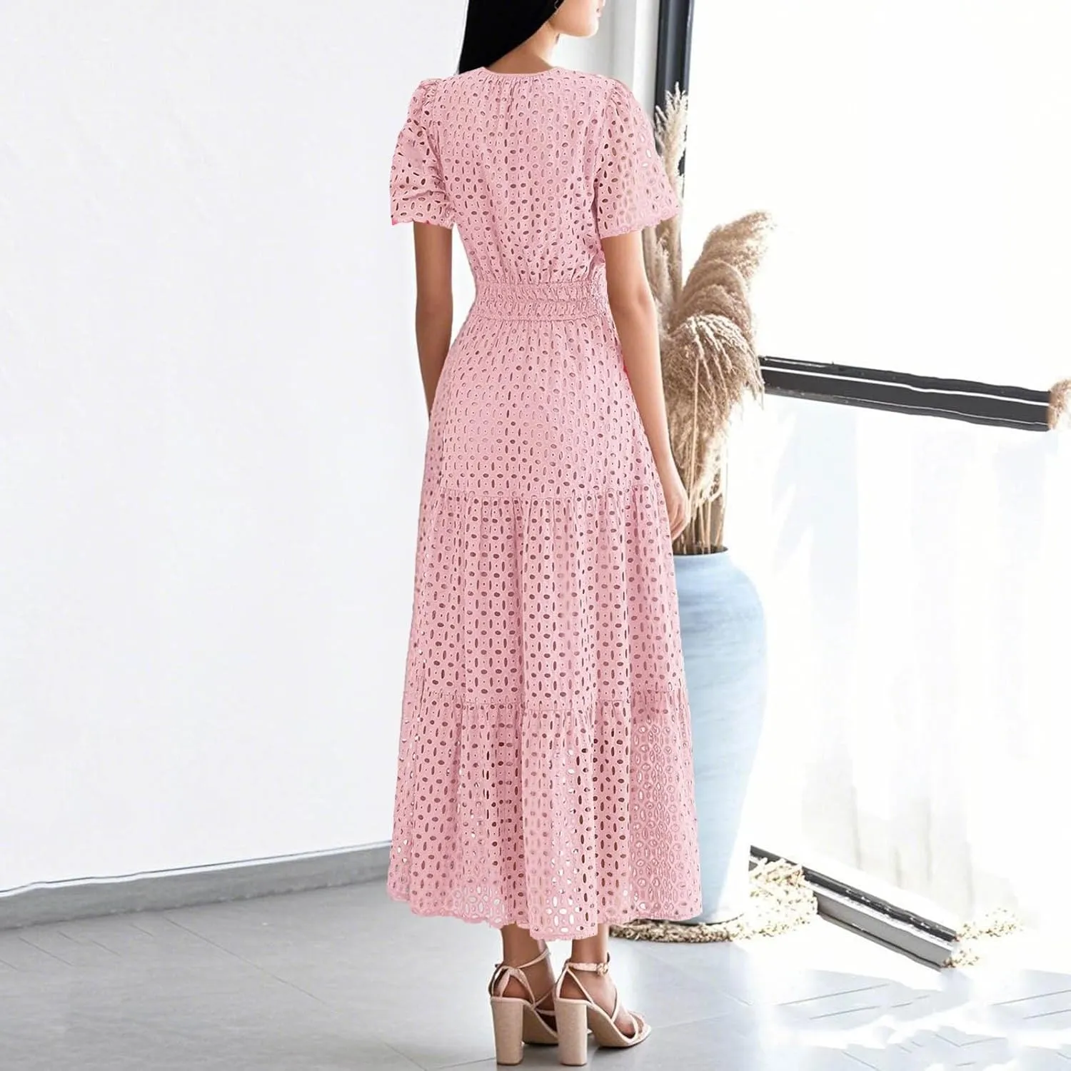 Summer Dresses for Women 2025 Short Sleeve Maxi Dress Casual V Neck Hollow Out Eyelet Ruffle Swing A Line Long Sundress