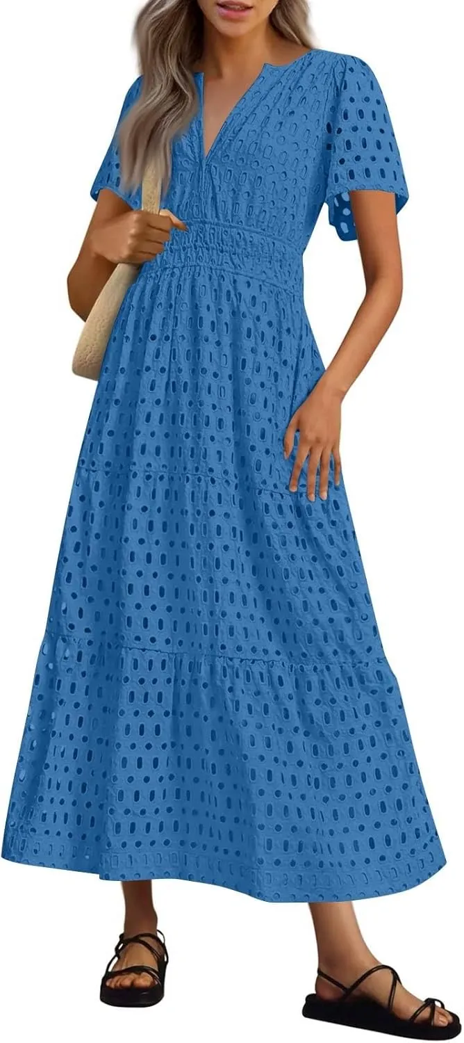 Summer Dresses for Women 2025 Short Sleeve Maxi Dress Casual V Neck Hollow Out Eyelet Ruffle Swing A Line Long Sundress