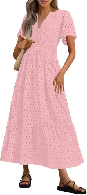 Summer Dresses for Women 2025 Short Sleeve Maxi Dress Casual V Neck Hollow Out Eyelet Ruffle Swing A Line Long Sundress