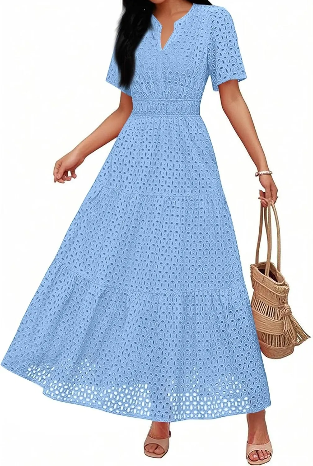 Summer Dresses for Women 2025 Short Sleeve Maxi Dress Casual V Neck Hollow Out Eyelet Ruffle Swing A Line Long Sundress