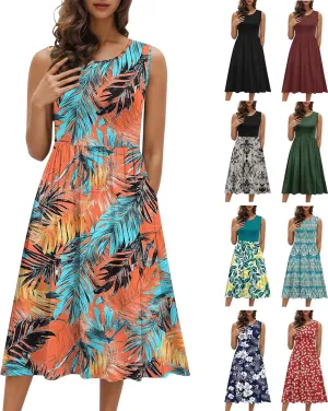 Summer Dresses for Women 2025,Casual Floral Tank Dresses Boho Spring Vacation Beach Midi Sun Dresses with Pockets