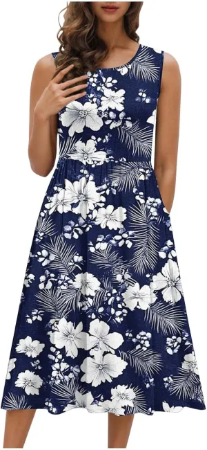 Summer Dresses for Women 2025,Casual Floral Tank Dresses Boho Spring Vacation Beach Midi Sun Dresses with Pockets