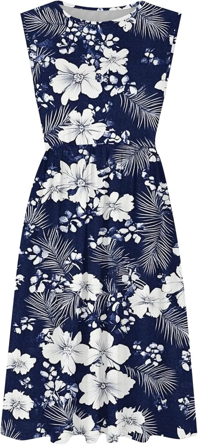 Summer Dresses for Women 2025,Casual Floral Tank Dresses Boho Spring Vacation Beach Midi Sun Dresses with Pockets