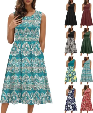 Summer Dresses for Women 2025,Casual Floral Tank Dresses Boho Spring Vacation Beach Midi Sun Dresses with Pockets