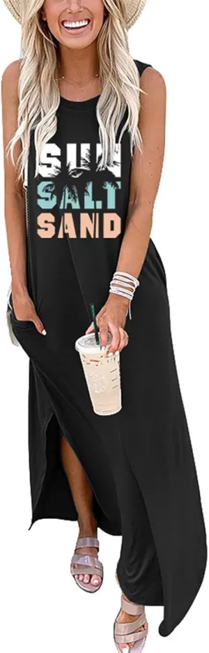 Summer Dresses for Women Sun Salt Sand T-shirt Sundress Sleeveless Casual Loose Tank Dress