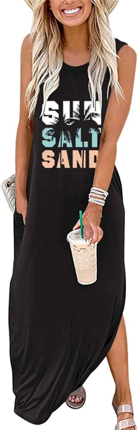 Summer Dresses for Women Sun Salt Sand T-shirt Sundress Sleeveless Casual Loose Tank Dress