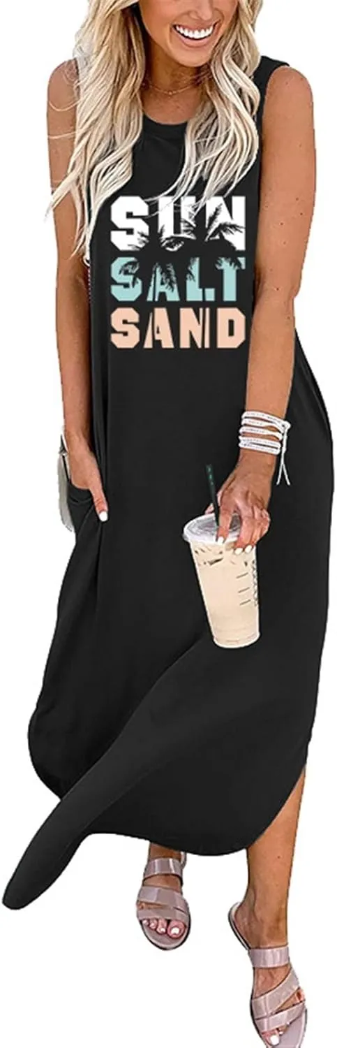 Summer Dresses for Women Sun Salt Sand T-shirt Sundress Sleeveless Casual Loose Tank Dress