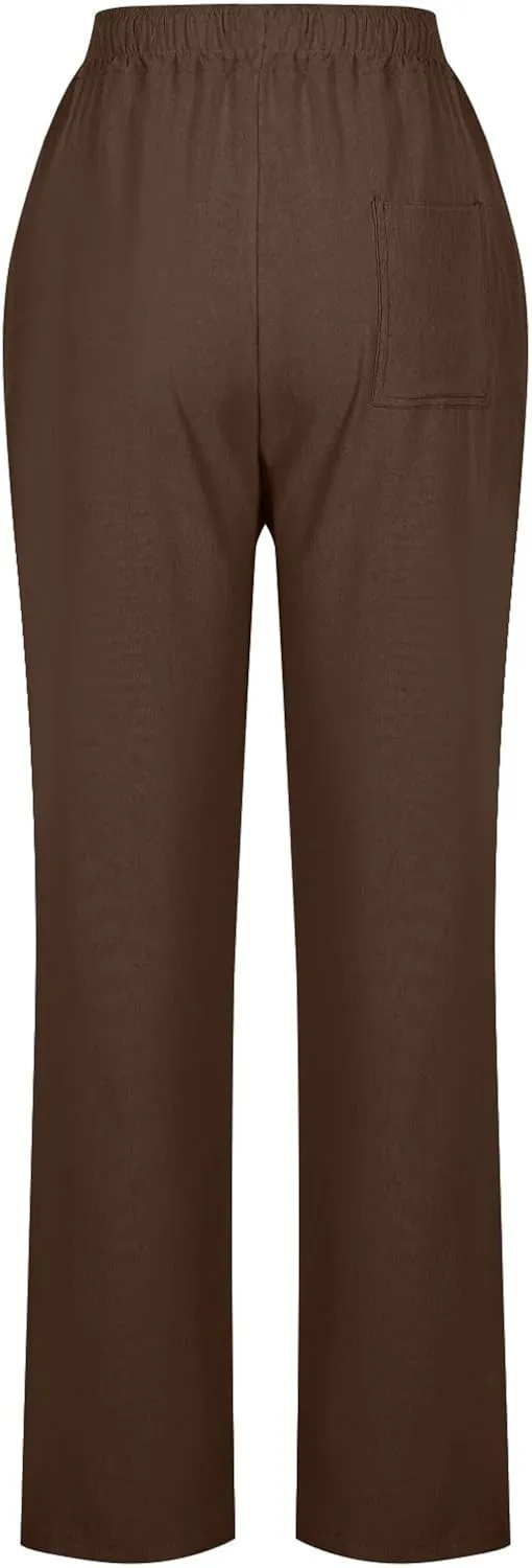 Summer Pants for Women 2025 Casual Drawstring High Waisted Linen Pants Beach Wide Leg Trousers with Pockets