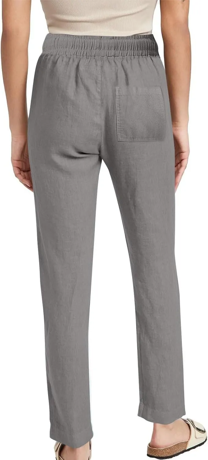 Summer Pants for Women 2025 Casual Drawstring High Waisted Linen Pants Beach Wide Leg Trousers with Pockets