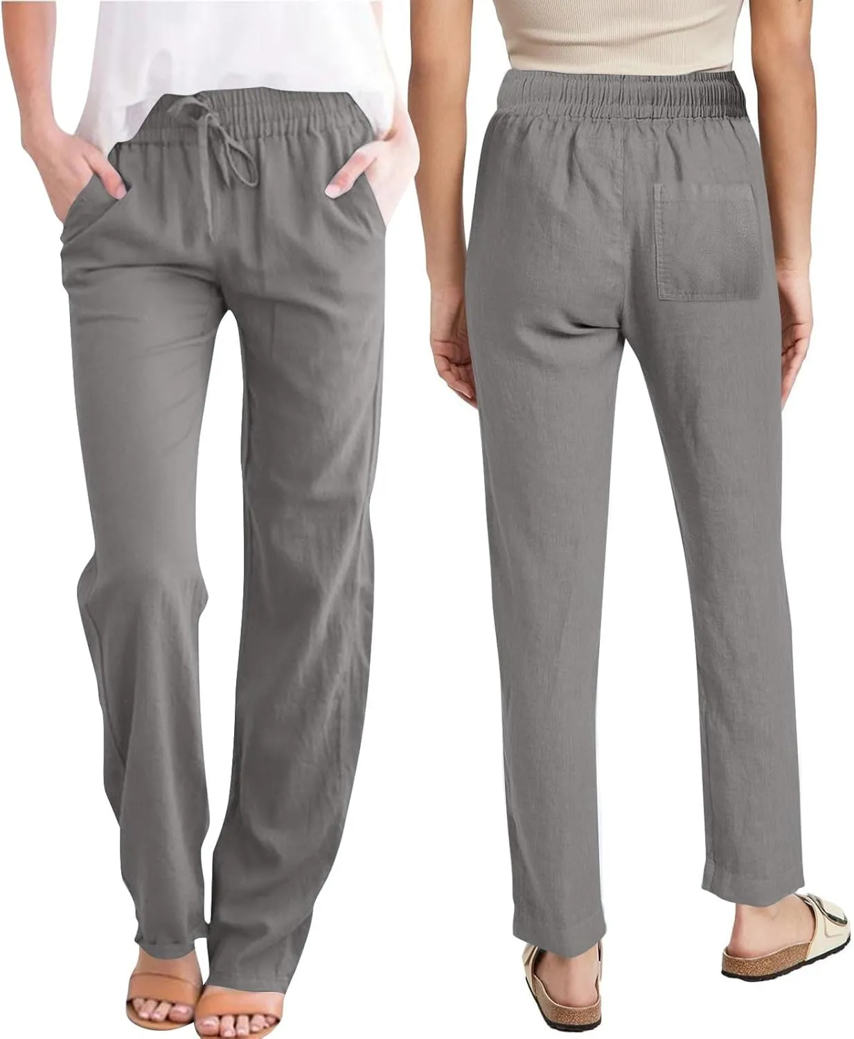 Summer Pants for Women 2025 Casual Drawstring High Waisted Linen Pants Beach Wide Leg Trousers with Pockets