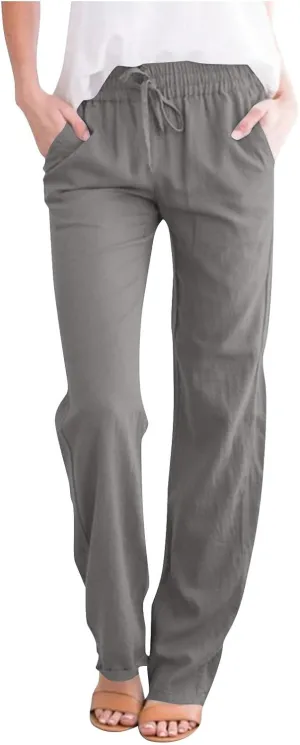 Summer Pants for Women 2025 Casual Drawstring High Waisted Linen Pants Beach Wide Leg Trousers with Pockets