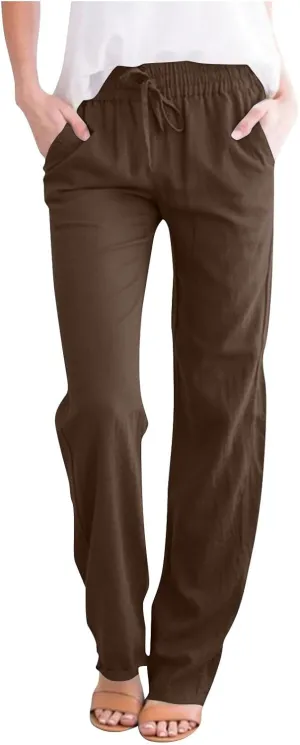 Summer Pants for Women 2025 Casual Drawstring High Waisted Linen Pants Beach Wide Leg Trousers with Pockets