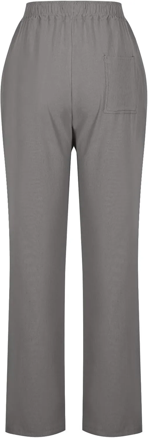 Summer Pants for Women 2025 Casual Drawstring High Waisted Linen Pants Beach Wide Leg Trousers with Pockets