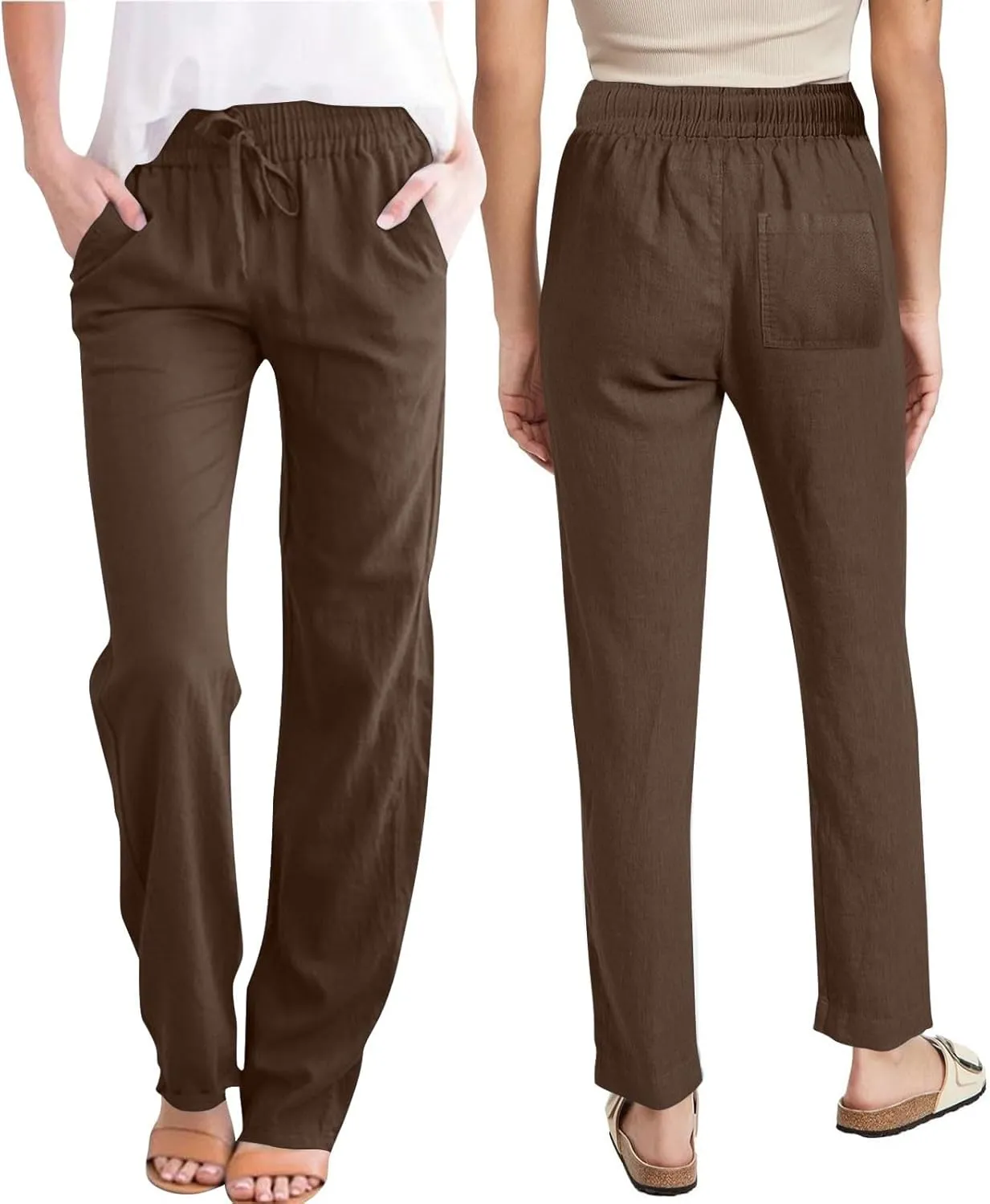 Summer Pants for Women 2025 Casual Drawstring High Waisted Linen Pants Beach Wide Leg Trousers with Pockets