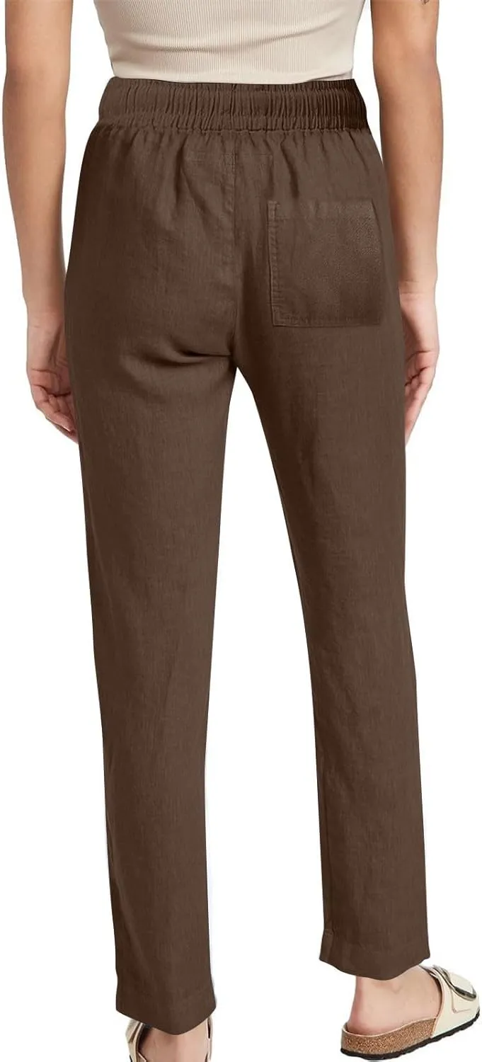 Summer Pants for Women 2025 Casual Drawstring High Waisted Linen Pants Beach Wide Leg Trousers with Pockets
