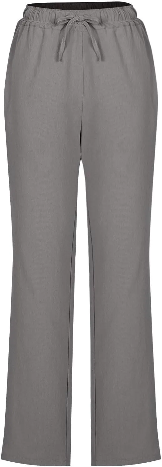 Summer Pants for Women 2025 Casual Drawstring High Waisted Linen Pants Beach Wide Leg Trousers with Pockets